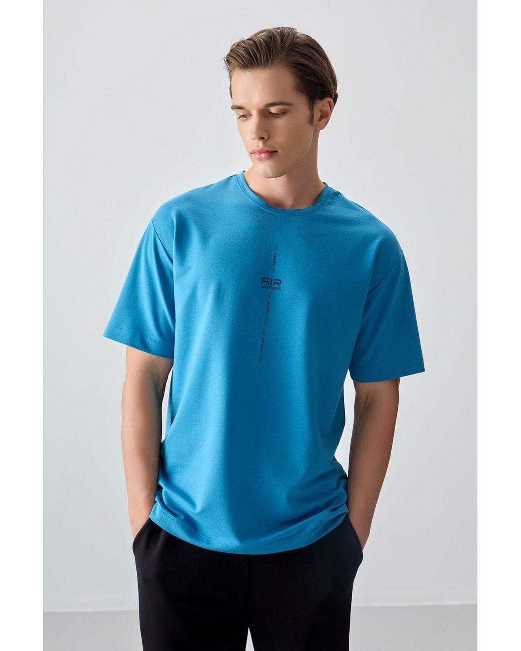 TOMMY LIFE Blue Oversized Printed Crew Neck T-Shirt for men