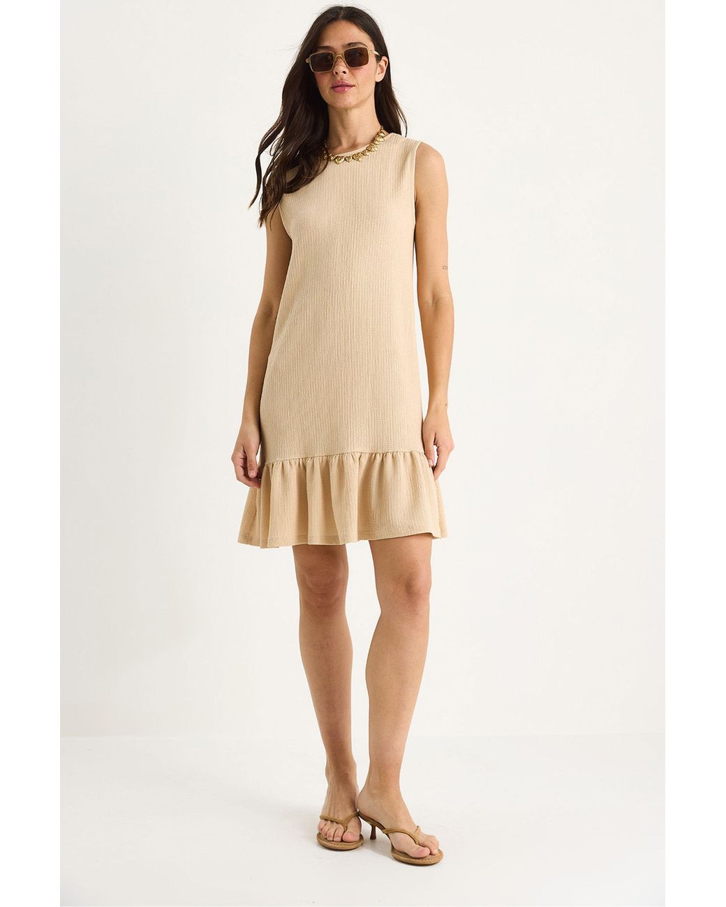 Bianco Lucci Natural Textured Crepe Midi Dress With Ruffle Detail