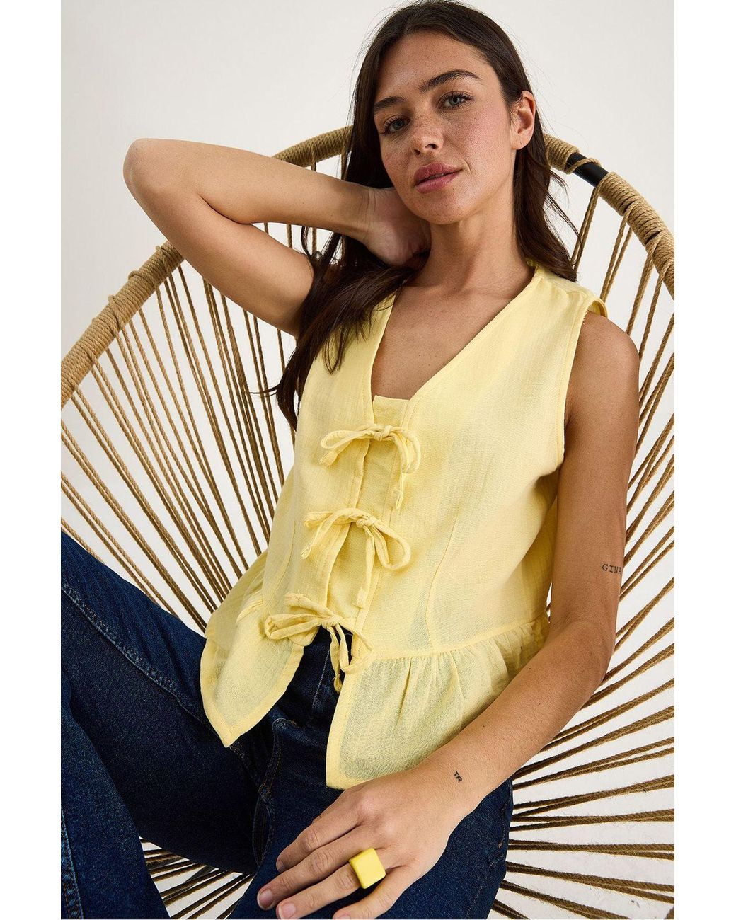 Bianco Lucci Metallic V-Neck Crepe Blouse With Bow Tie