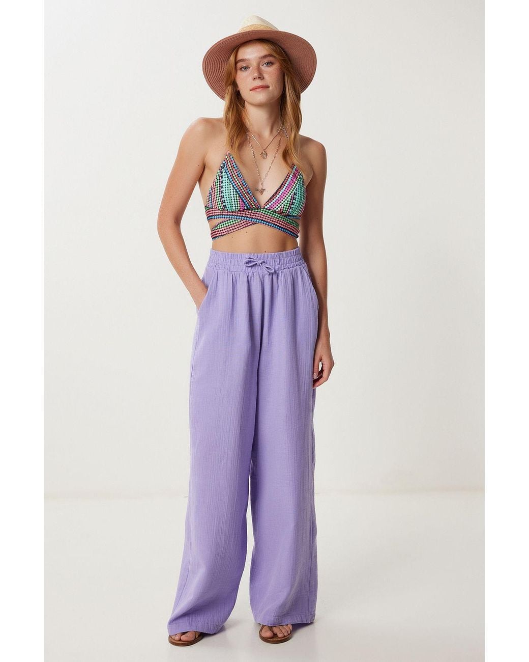 Happiness İstanbul Purple Wide Leg Drawstring Waist Pants With Binding Detail