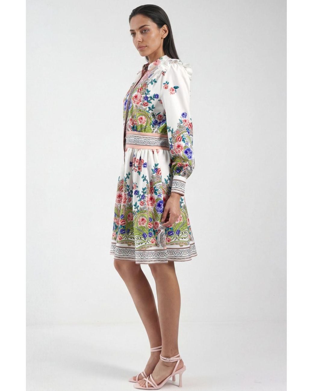 Msn-Collection Green Frilly Paisley V-Neck Mini Skater Dress