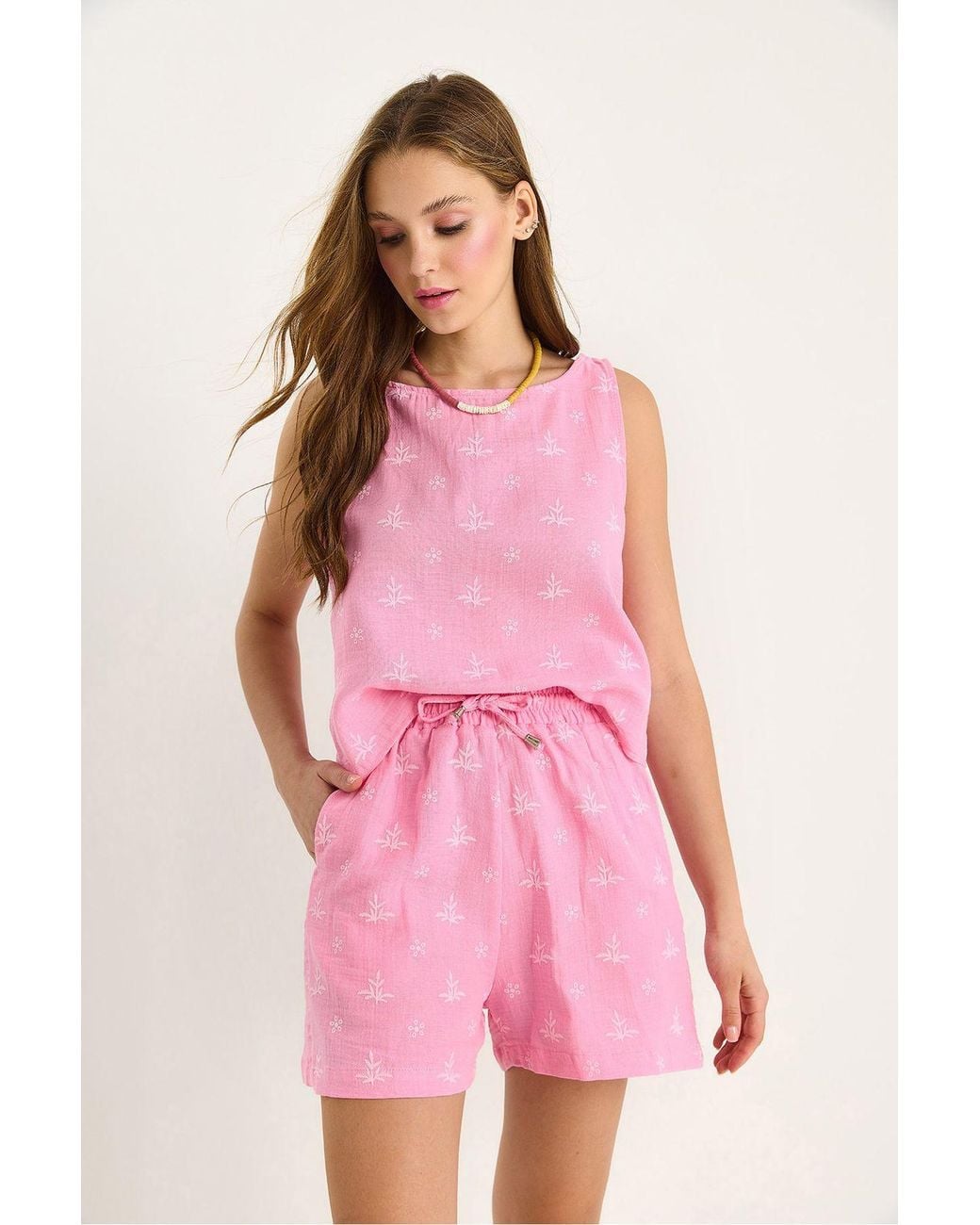 Bianco Lucci Pink Short High Waist Two-Piece Coord Set With Button Closure
