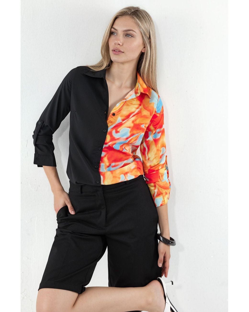 Msn-Collection Black Abstract Print Button-Front Shirt