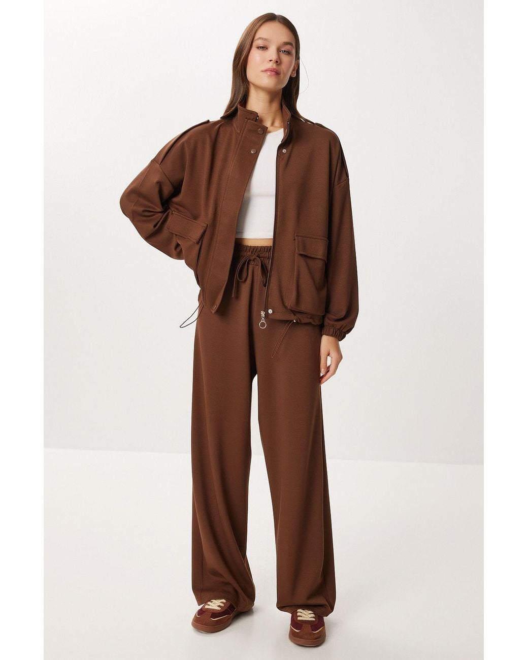 Happiness İstanbul Brown Pocket Detail Jacket & Wide Leg Pants Two-Piece Set
