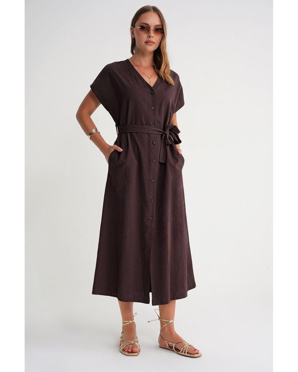 MixRay Brown Belted Shirt Dress