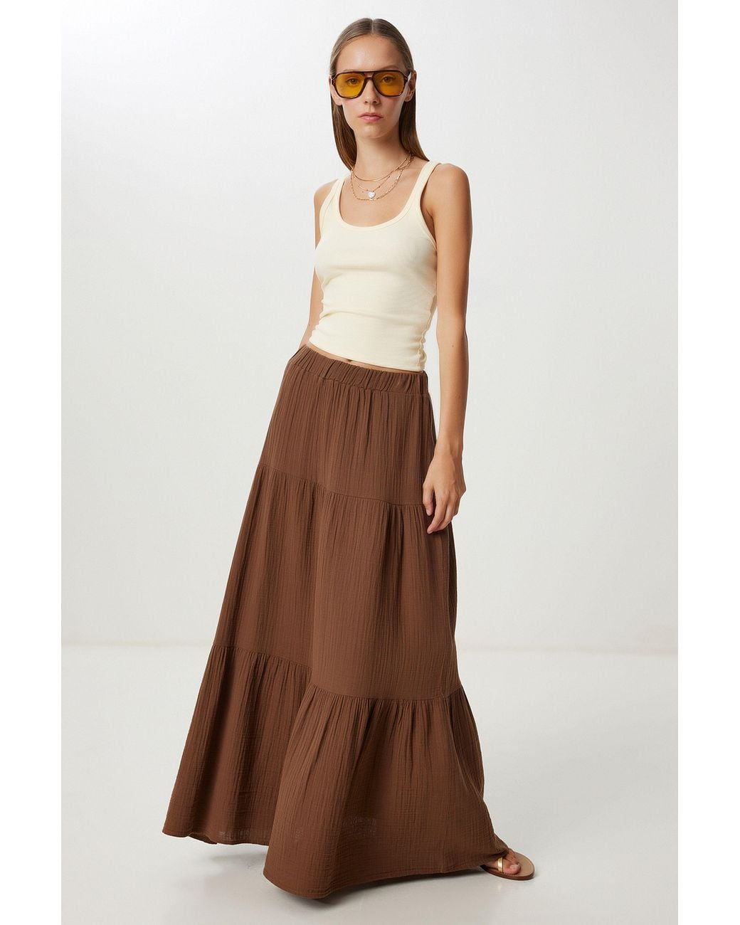 Happiness İstanbul Brown High Waist A-Line Maxi Skirt