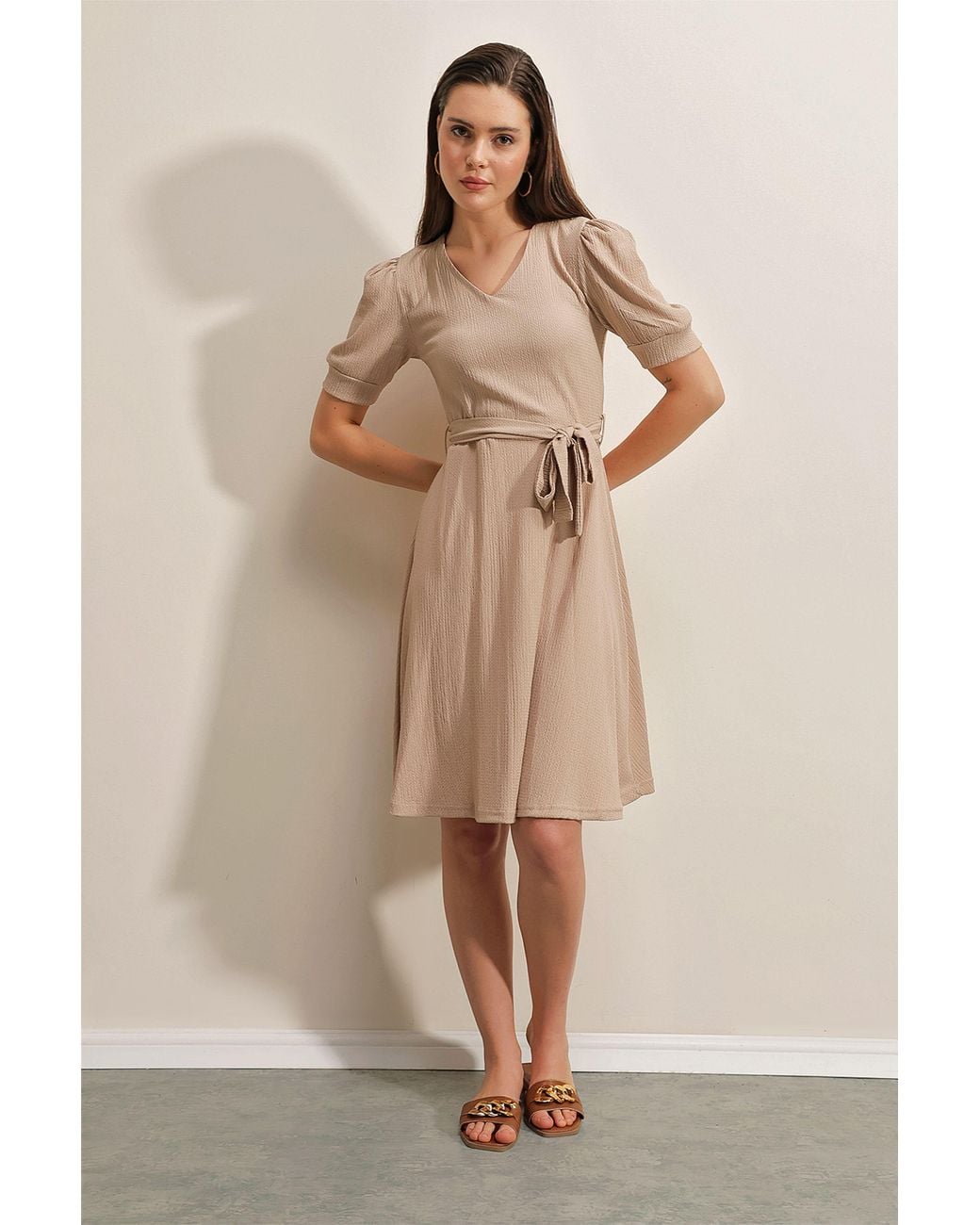Bigdart Natural Textured V-Neck Midi Knit Dress With Bow