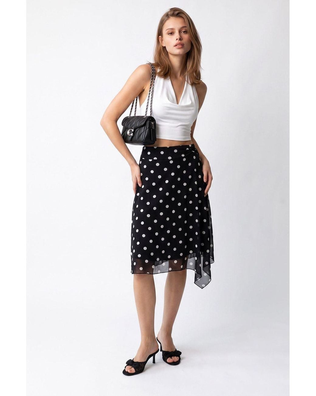 MixRay Black High-Waist Polka Dot Tulle Midi Skirt