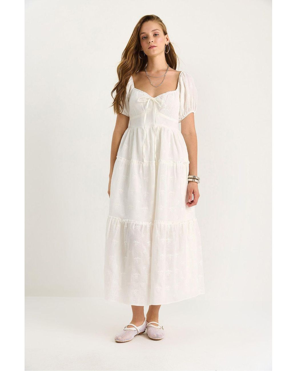 Bianco Lucci Natural Embroidered Heart Collar Maxi Dress