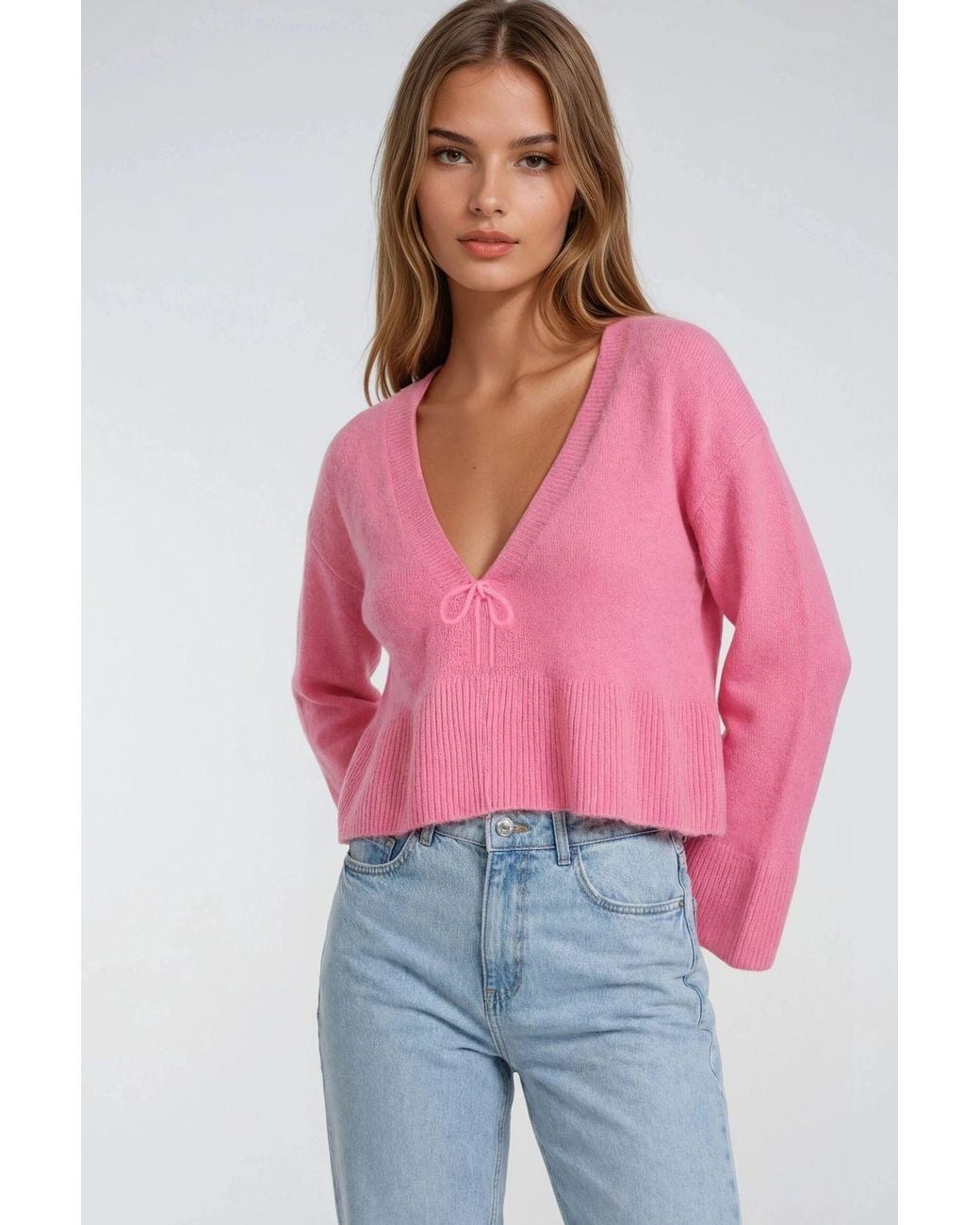 MixRay Red Tie Detailed Ruffled V-Neck Knit Sweater