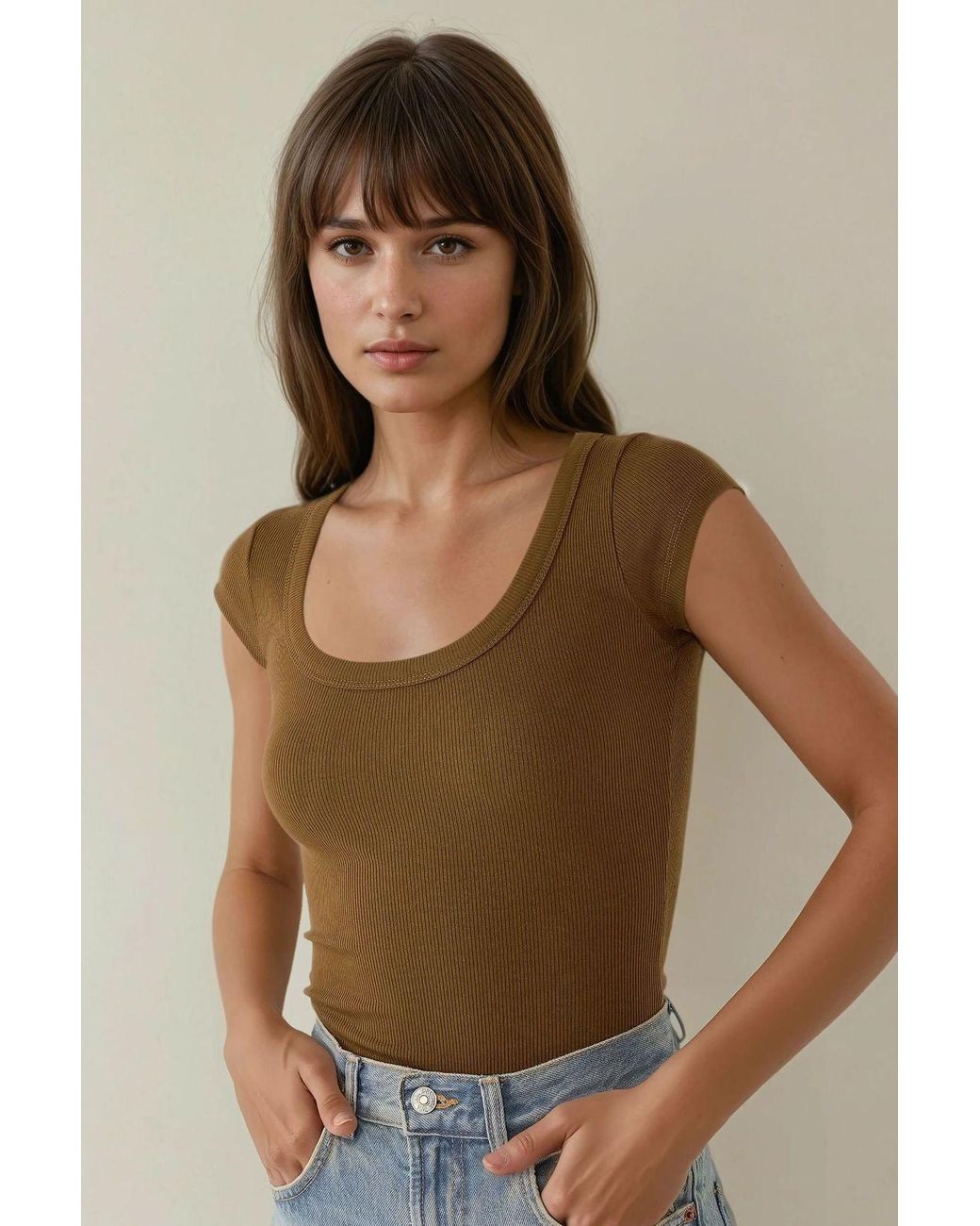 Hiccup Brown Slim Fit Scoop Neck Ribbed Crop Top