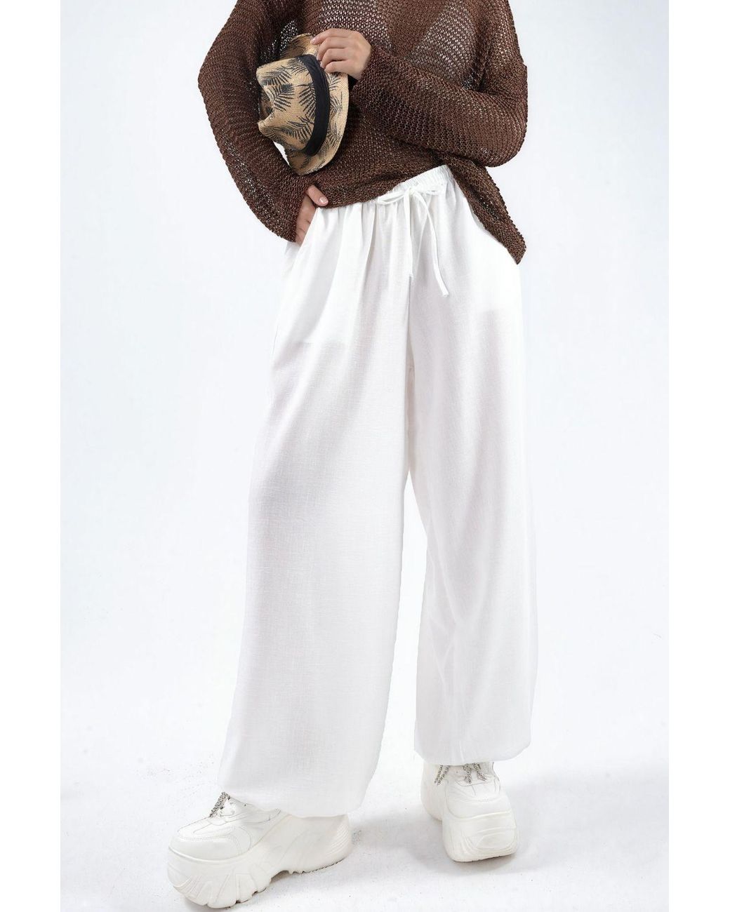 Busem White Wide-Leg Woven Trousers With Drawstring Waist