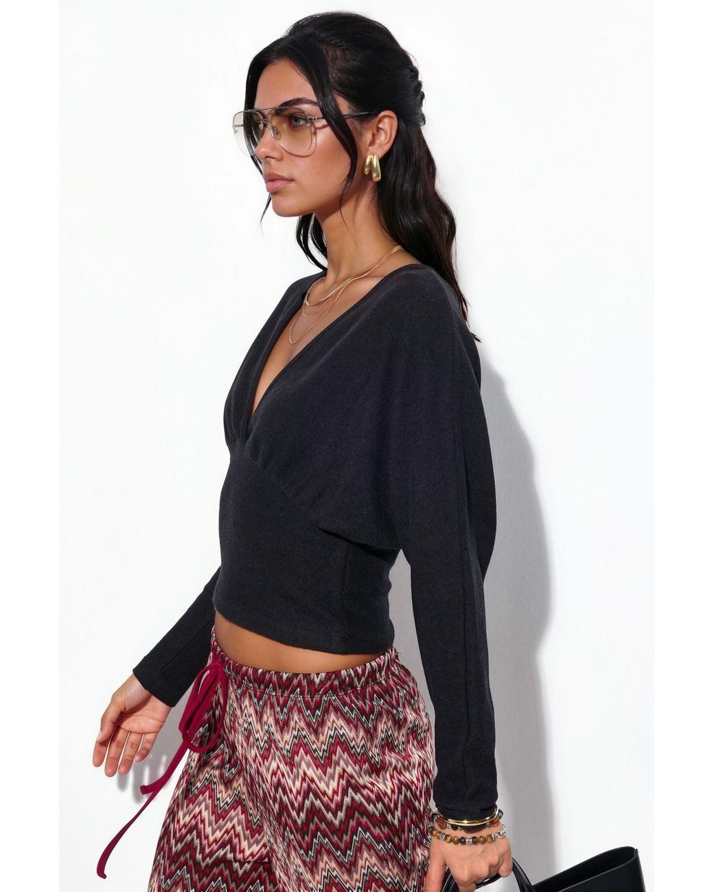 Busem Black V-Neck Crop Knit Wrap Top