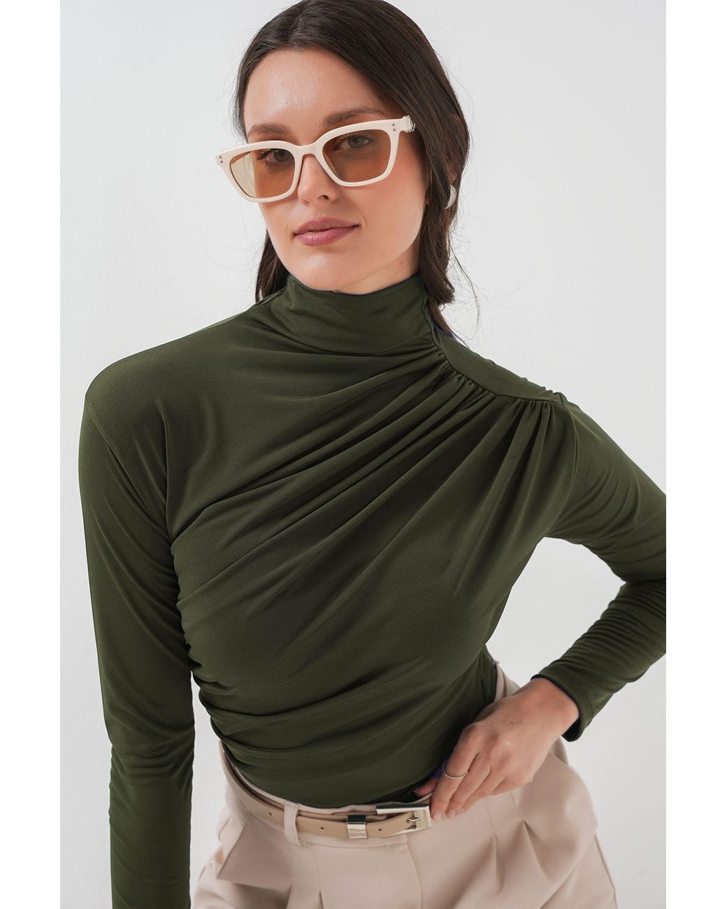 Bigdart Green Fitted Turtleneck Blouse With Drape Detail