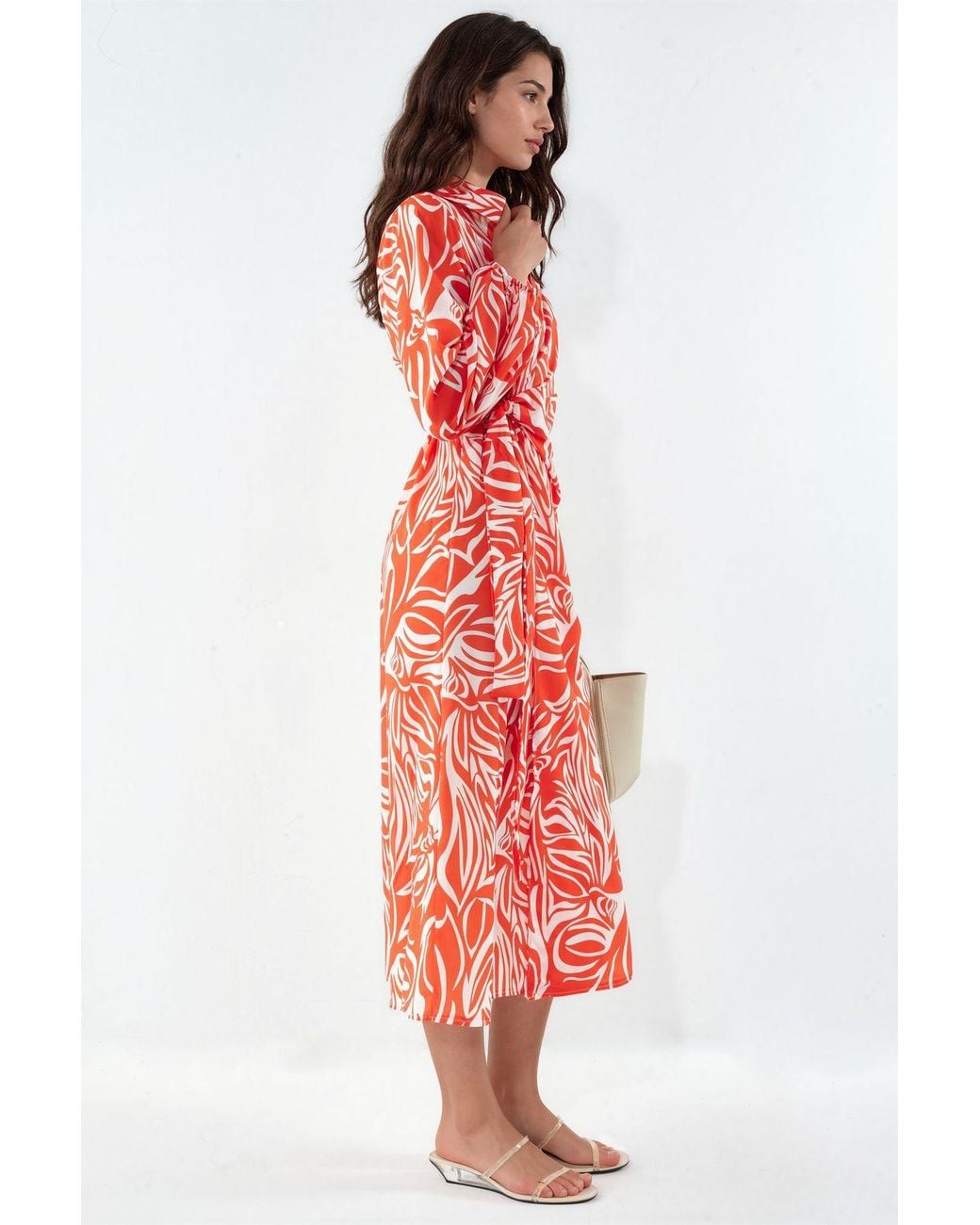 Msn-Collection Red Abstract Print Midi Wrap Dress