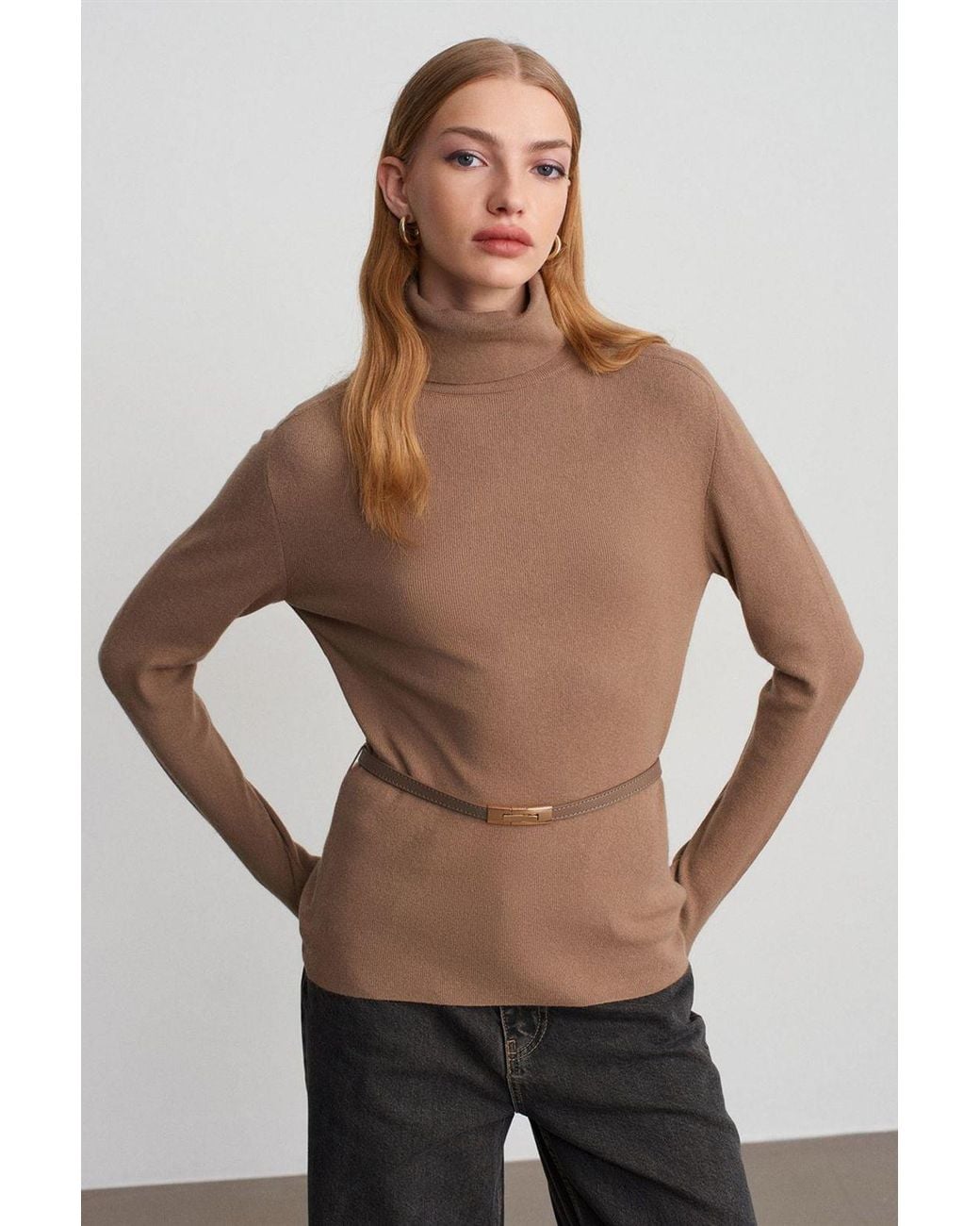 Dilvin Multicolor Belted Turtleneck Knit Sweater