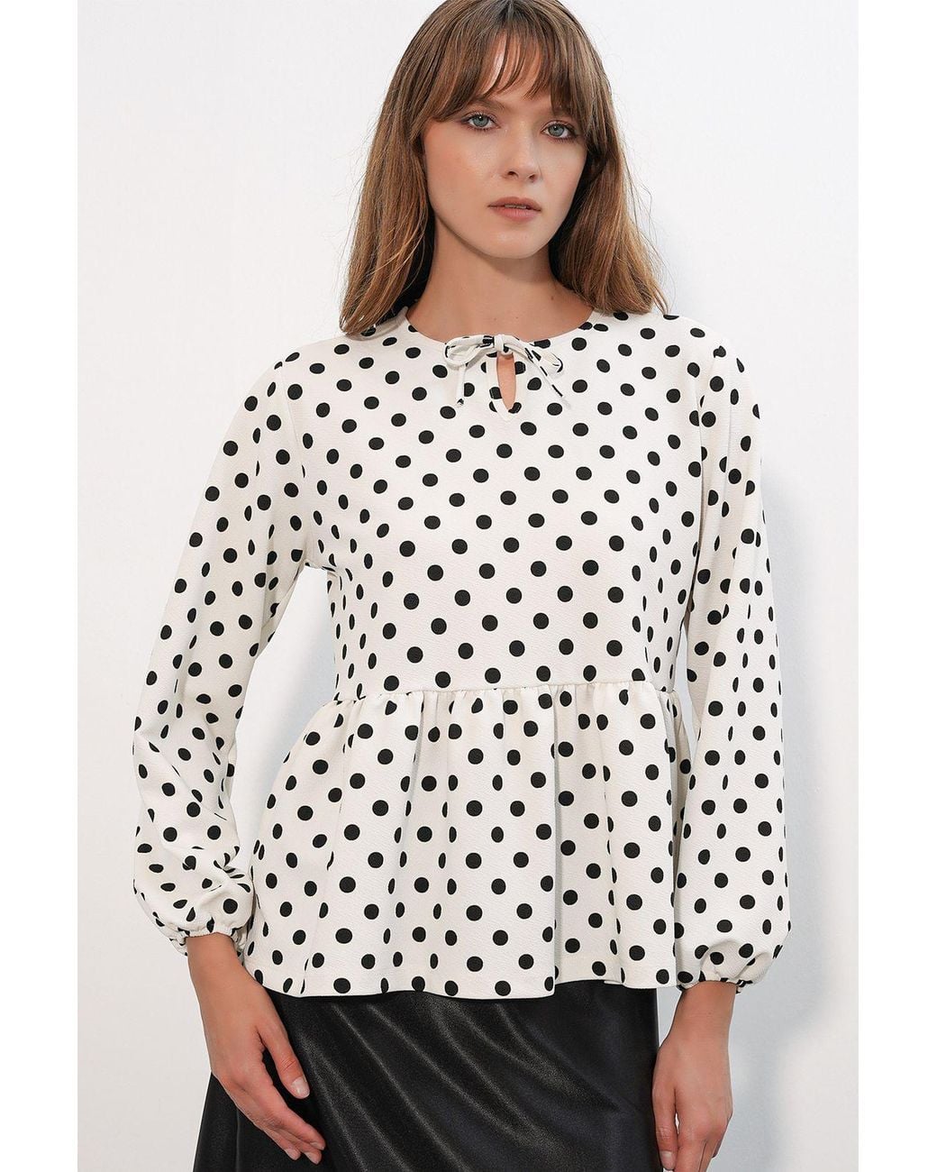 Bigdart White Polka Dot Crepe Tie-Detail Blouse
