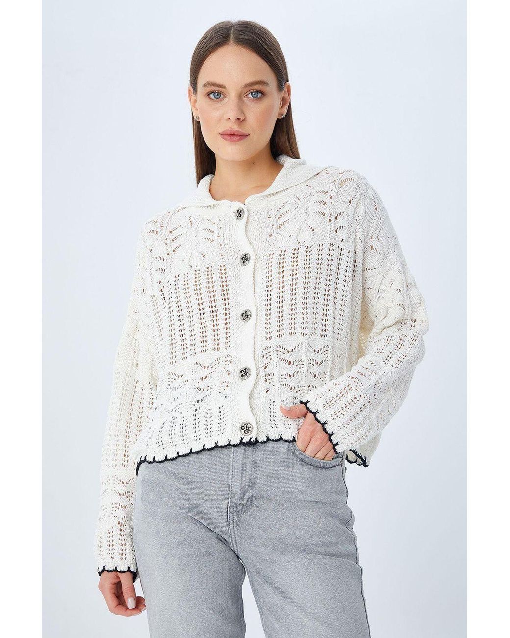 MixRay White Textured Knitwear Cardigan With Button Closure