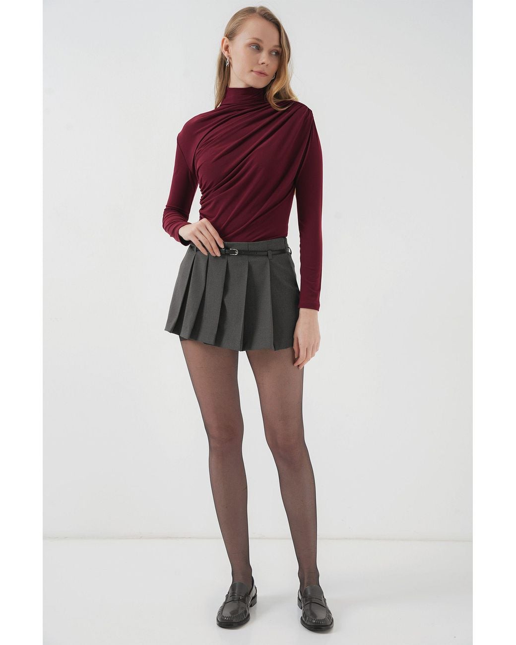 Bigdart Red Fitted Turtleneck Blouse With Drape Detail