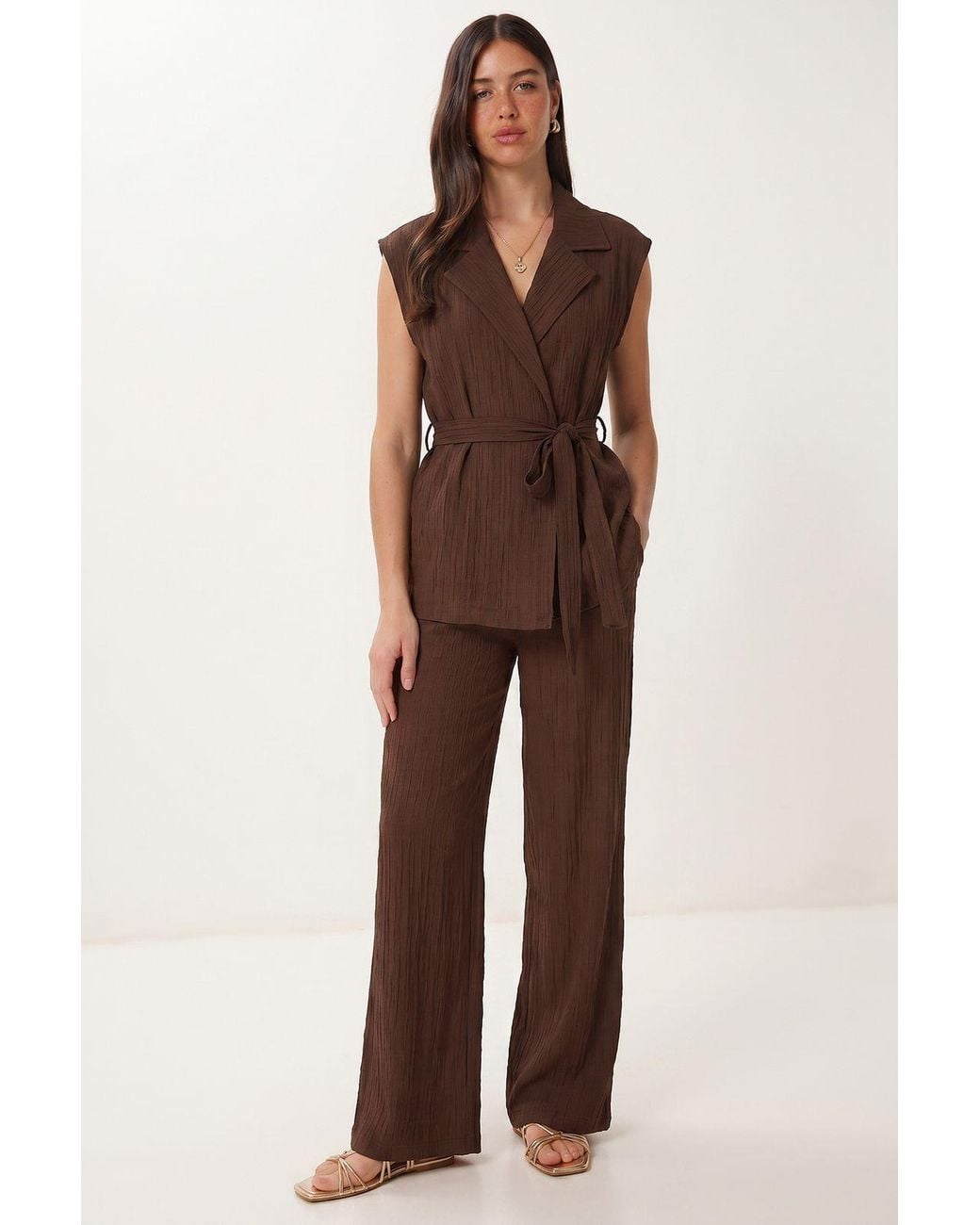Happiness İstanbul Brown High Waist Two-Piece Set With Shirt Collar And Wide Leg Pants