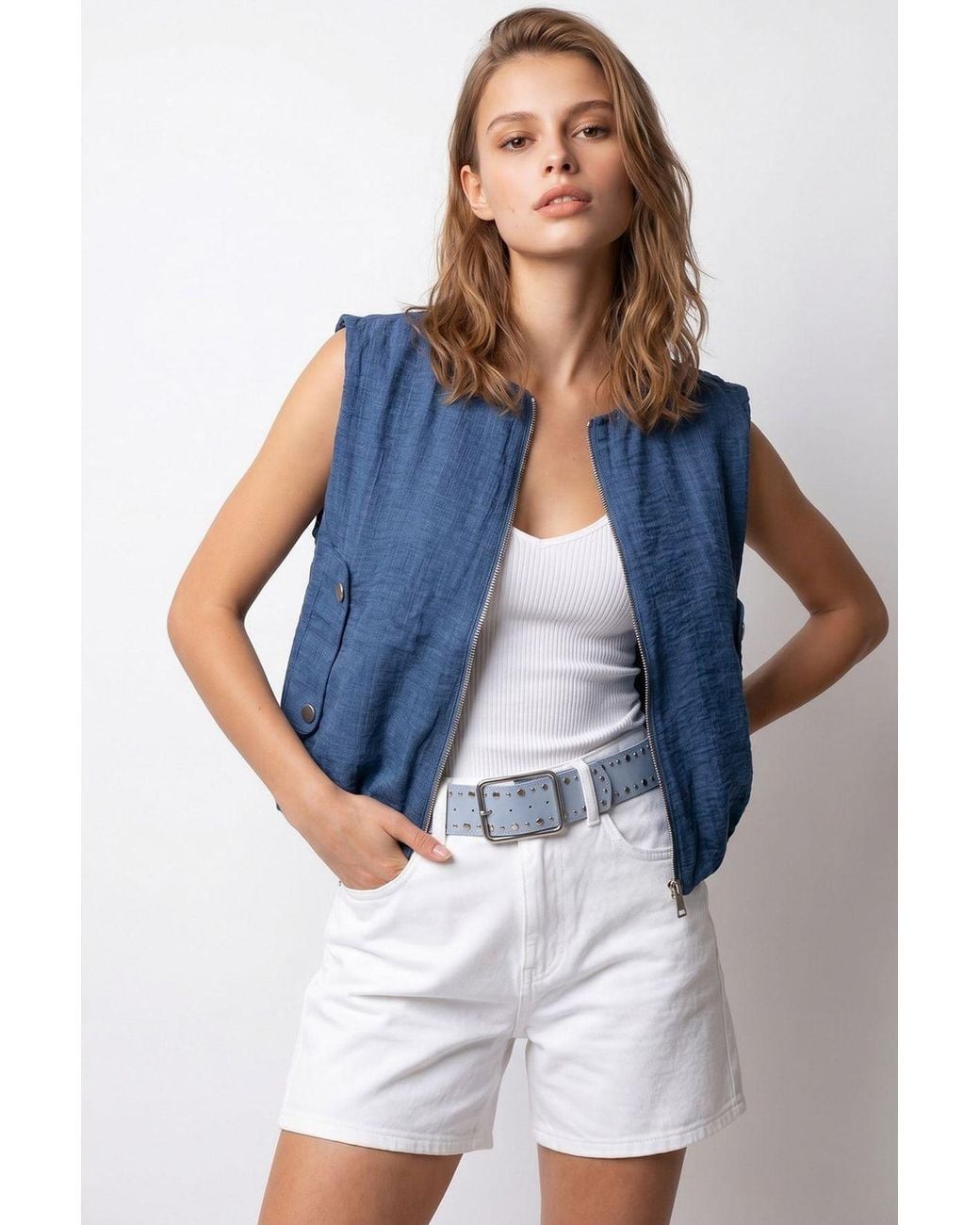 MixRay Blue Woven Poplin Waistcoat With Zip Front