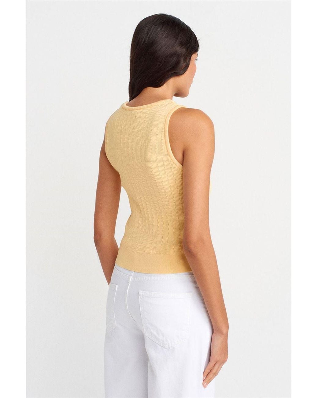 Dilvin White Ribbed Sleeveless Slim-Fit Blouse