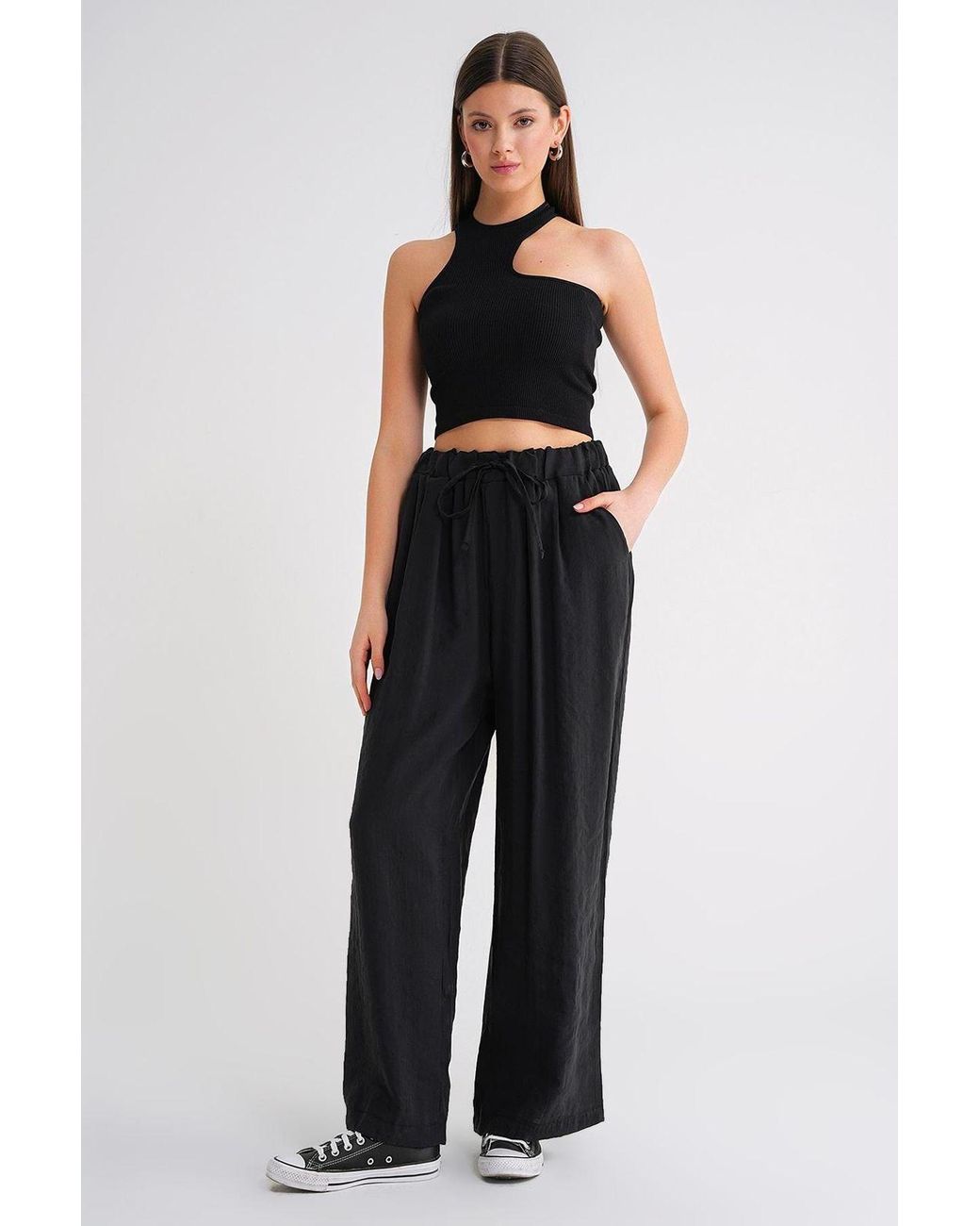 MixRay Black High Waist Modal Pleated Palazzo Pants With Drawstring