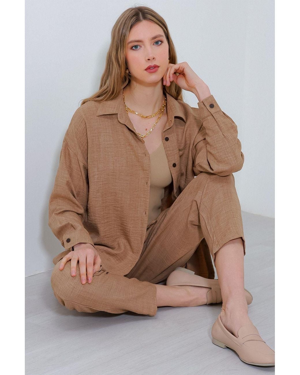 Bigdart Brown Linen Blend Long Sleeve Shirt And Pants Co-Ord Set