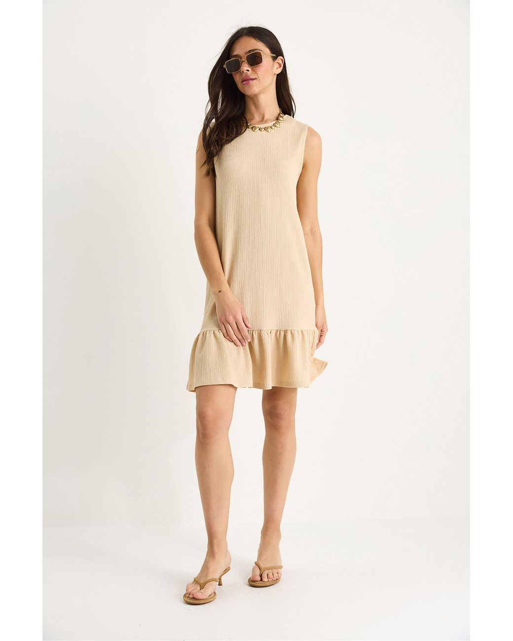 Bianco Lucci Natural Textured Crepe Midi Dress With Ruffle Detail