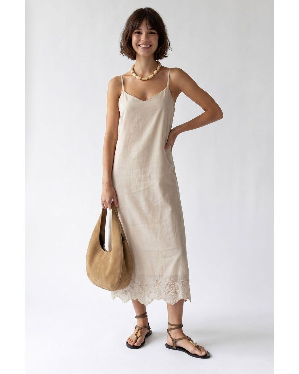 MixRay Natural Embroidered A-Line Midi Slip Dress