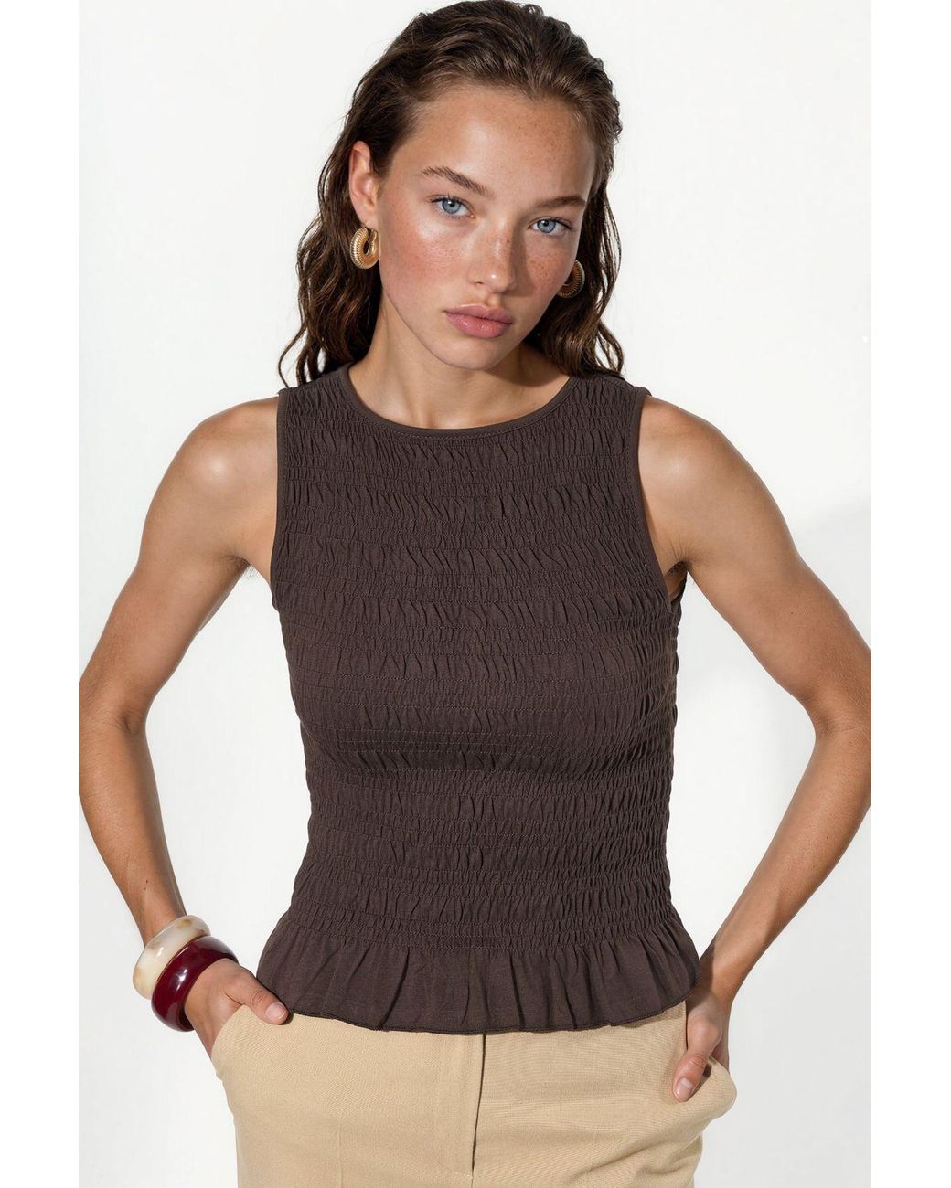 Busem Brown Textured Frilly Shell Top