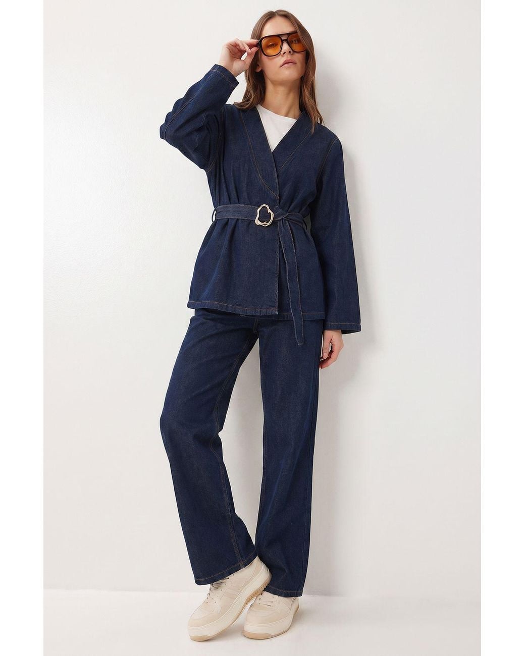 Happiness İstanbul Blue Cotton Gabardine Jacket And Wide-Leg Trousers Set
