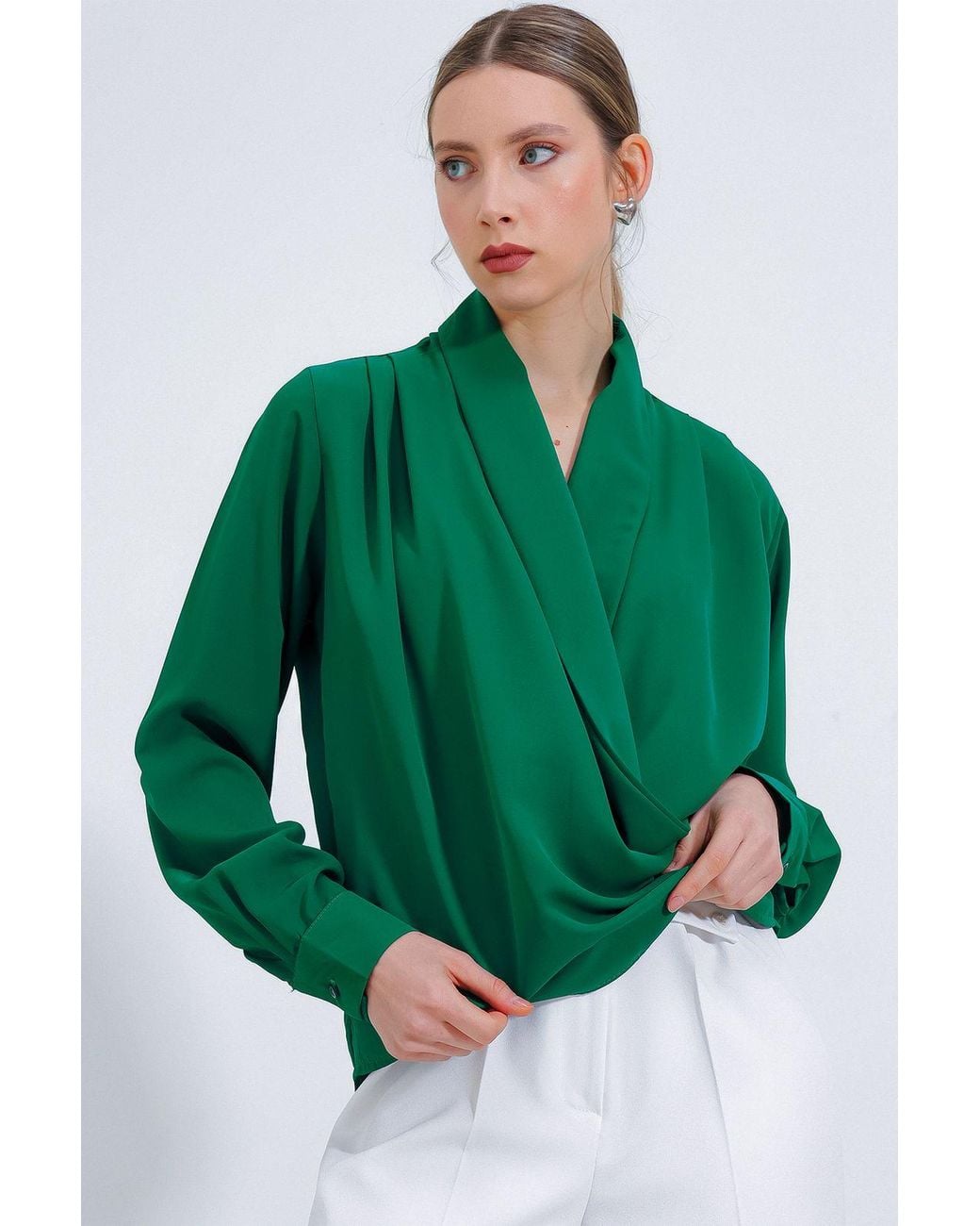 Bigdart Green Shawl Collar Loose Fit Blouse