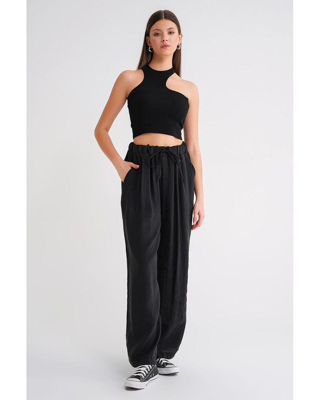 MixRay Black High Waist Modal Pleated Palazzo Pants With Drawstring