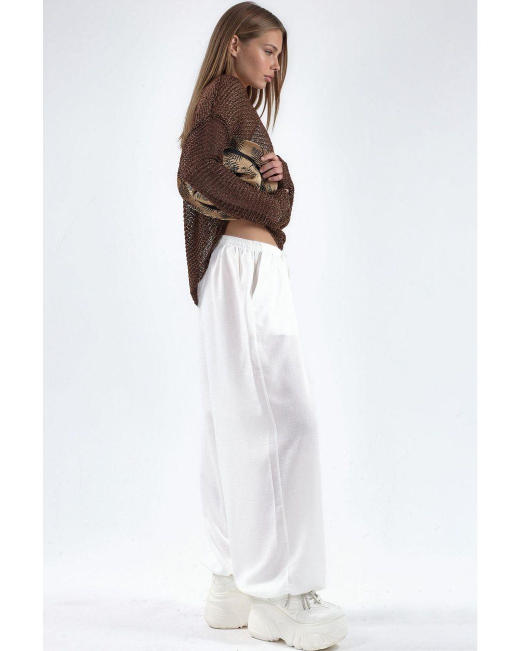 Busem White Wide-Leg Woven Trousers With Drawstring Waist