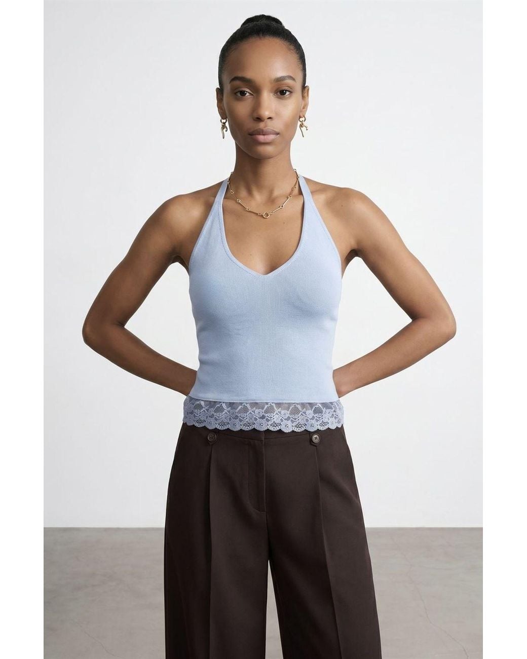 Dilvin Blue Sleeveless Ribbed Halterneck Blouse