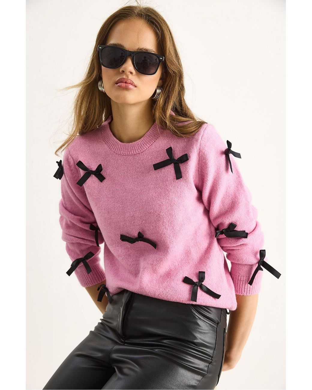 Bianco Lucci Pink Bow Detailed Crew Neck Sweater