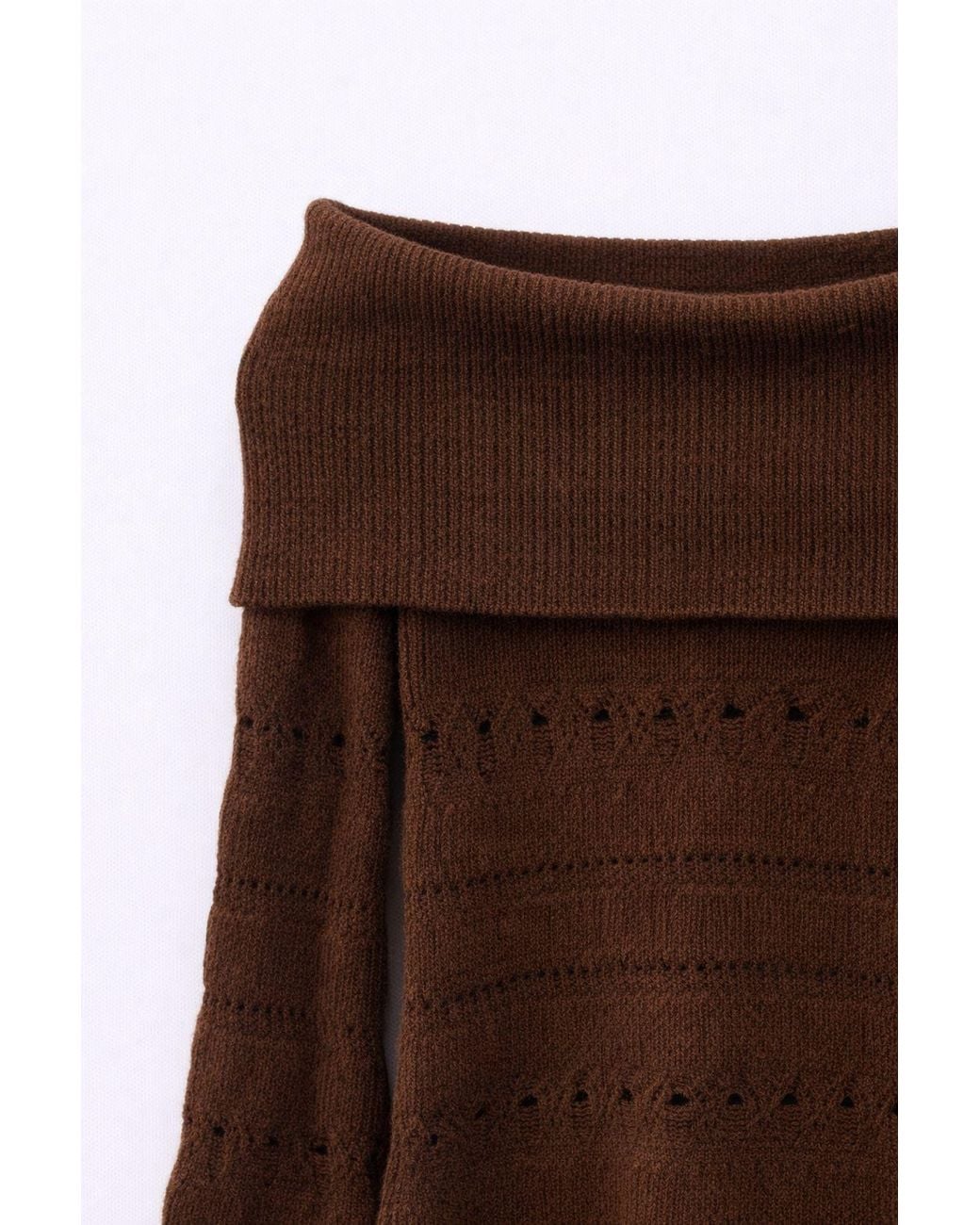 MixRay Brown Off Shoulder Textured Ribbed Sweater With Cut Out Details