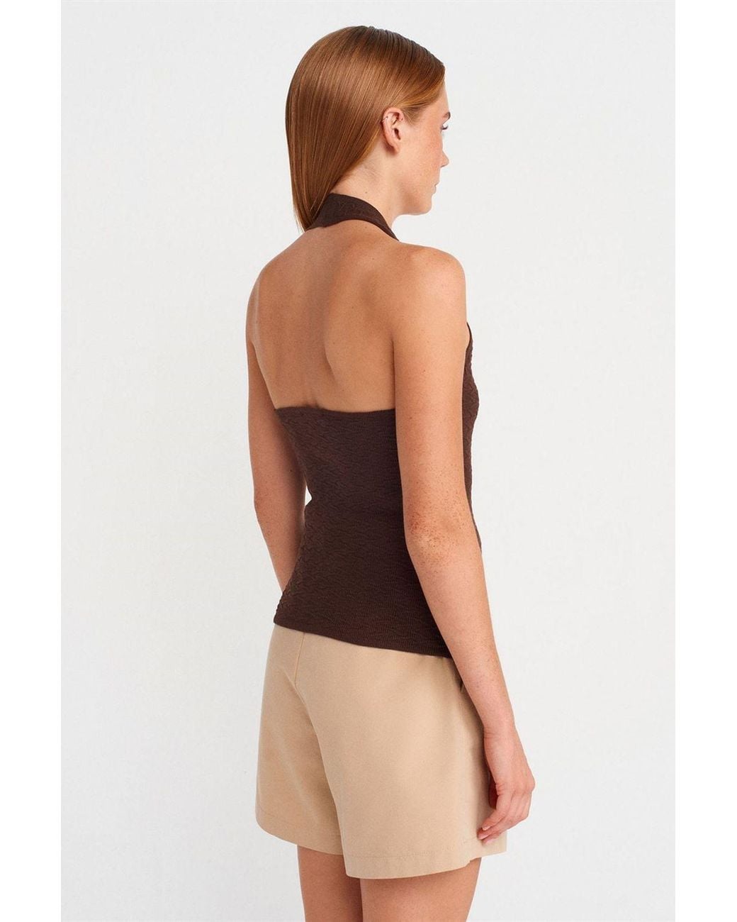 Dilvin Geribde Halterneck Gebreide Blouse in het Brown