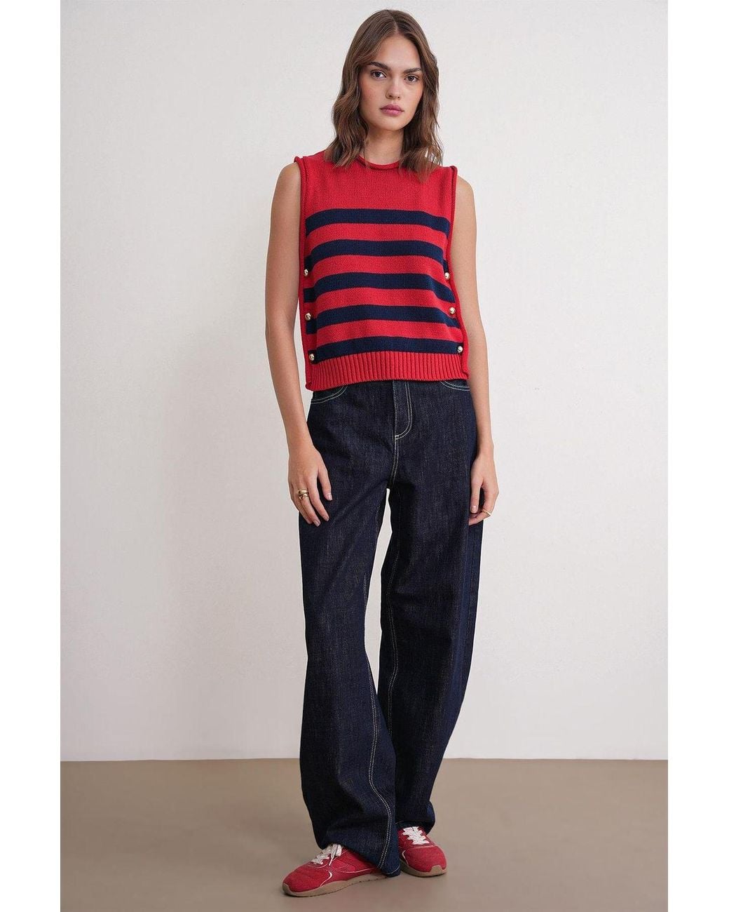 MixRay Red Striped Knit Top With Button Detail