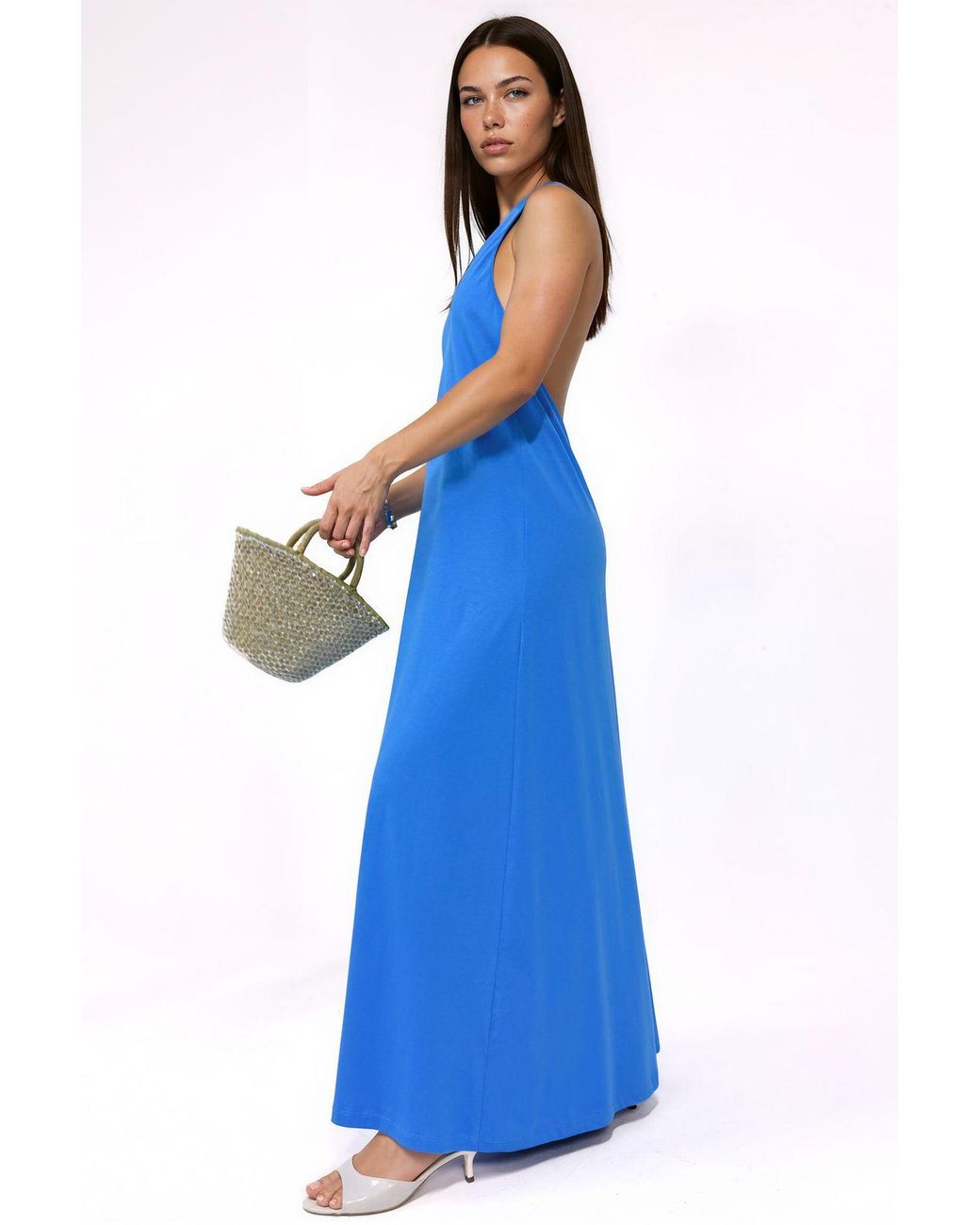 Busem Blue Cotton Midi Halter Dress With Slit