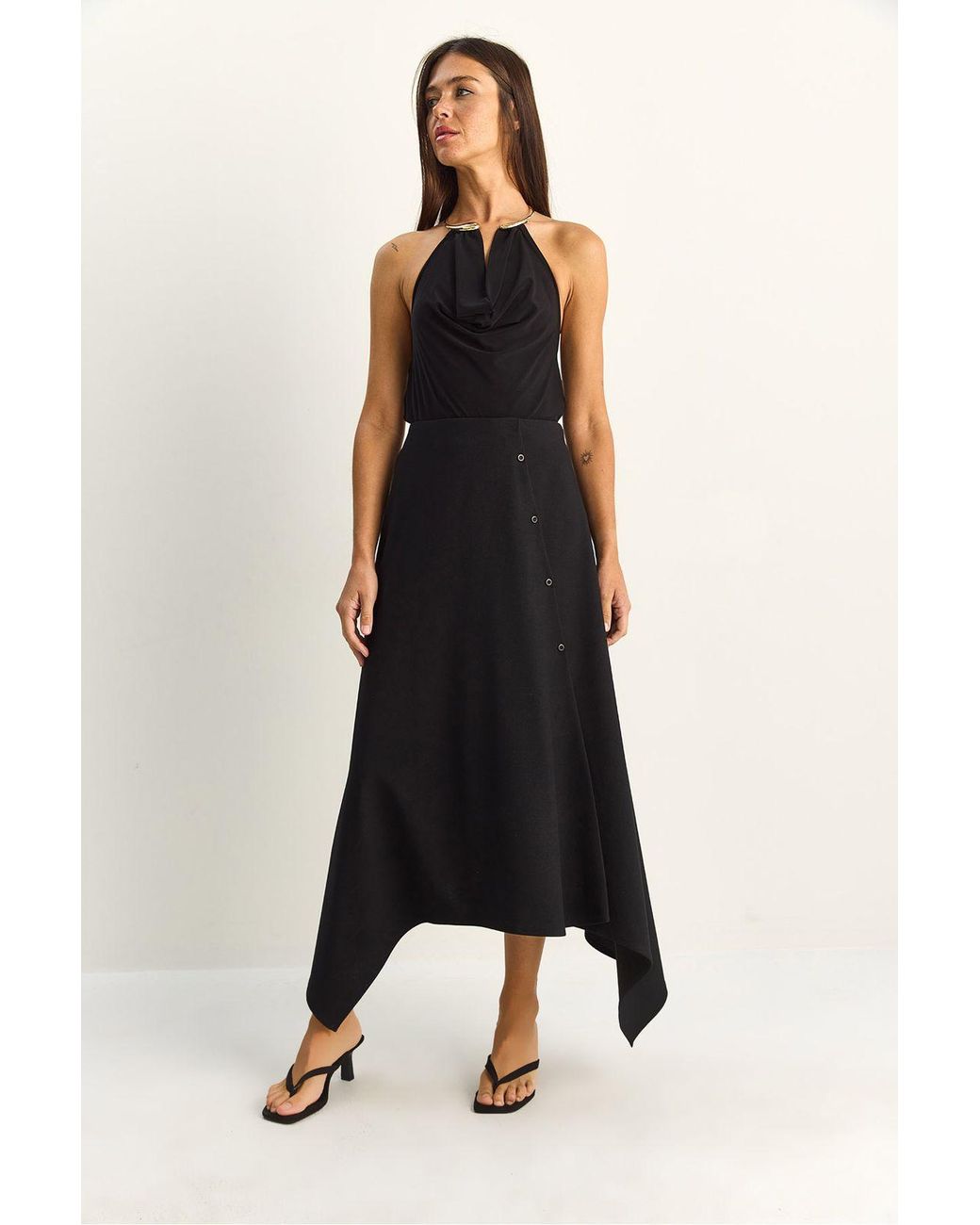 Bianco Lucci Black Midi A-Line Skirt With Button Closure