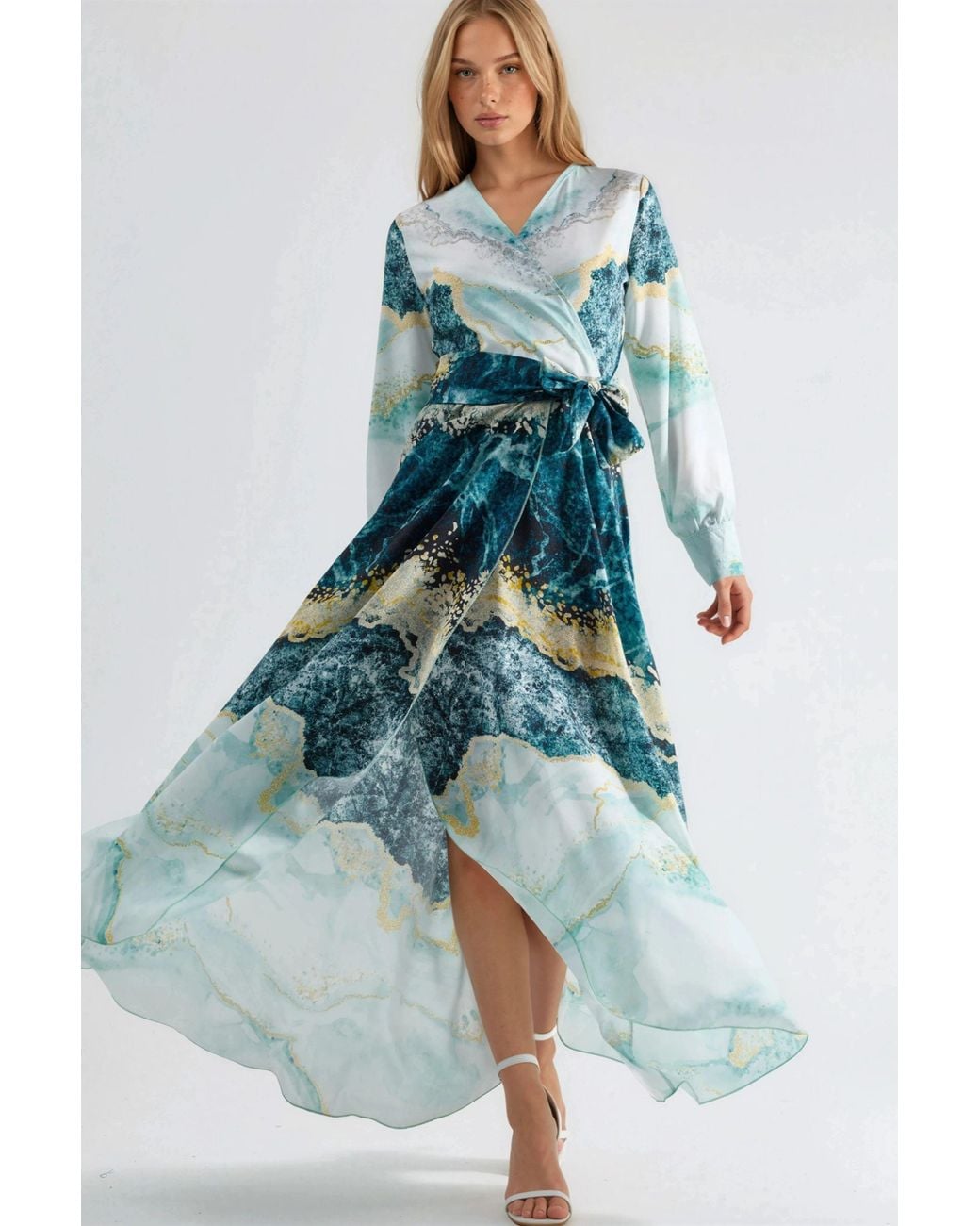 Msn-Collection Blue Abstract Print Long Sleeve Maxi Dress With Tie Detail
