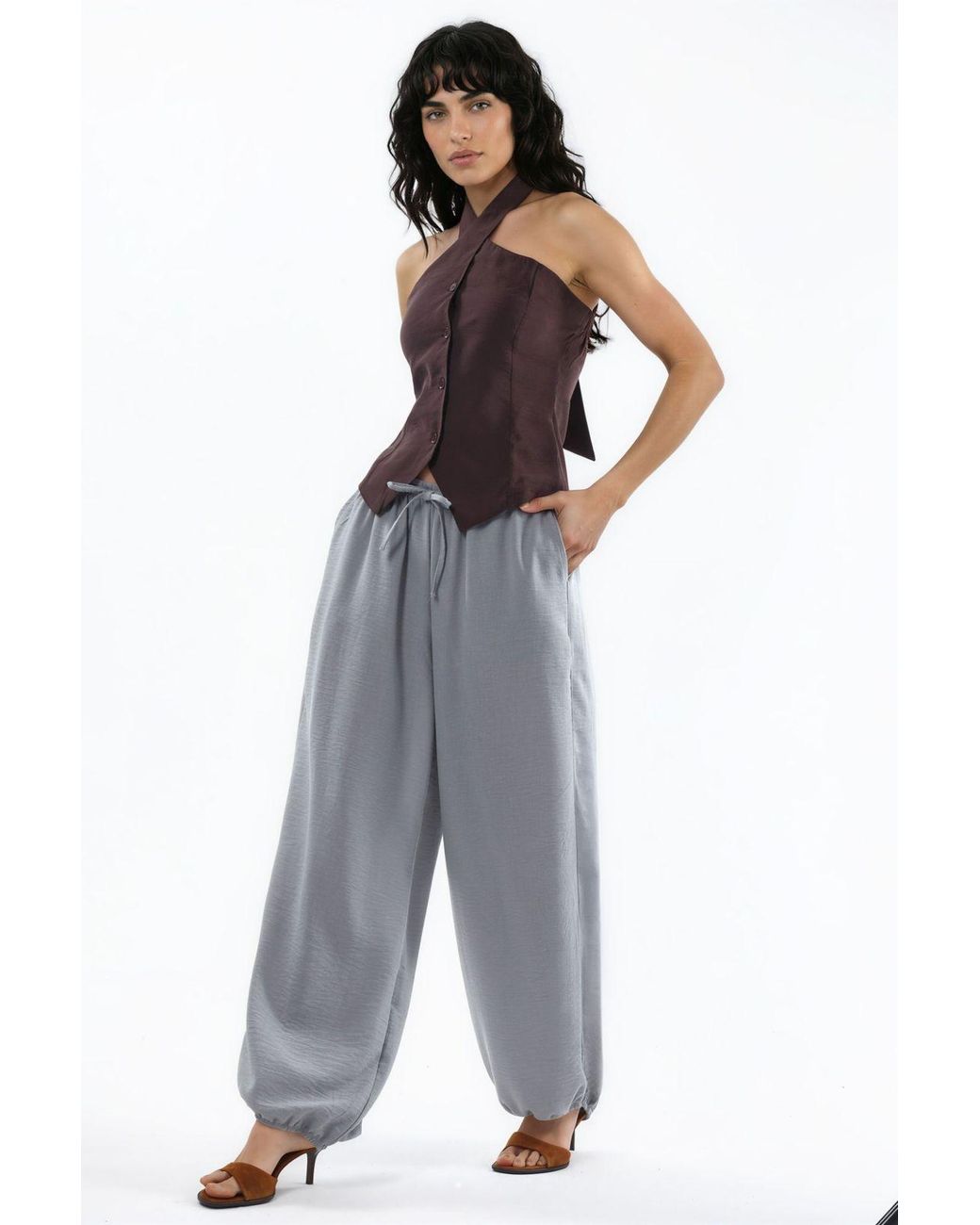 Busem Gray Wide-Leg Woven Trousers With Drawstring Waist