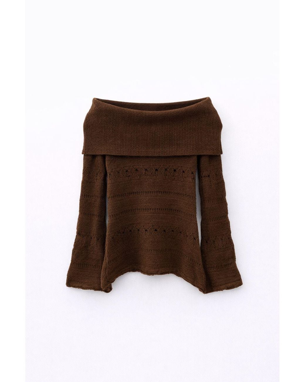 MixRay Brown Off Shoulder Textured Ribbed Sweater With Cut Out Details