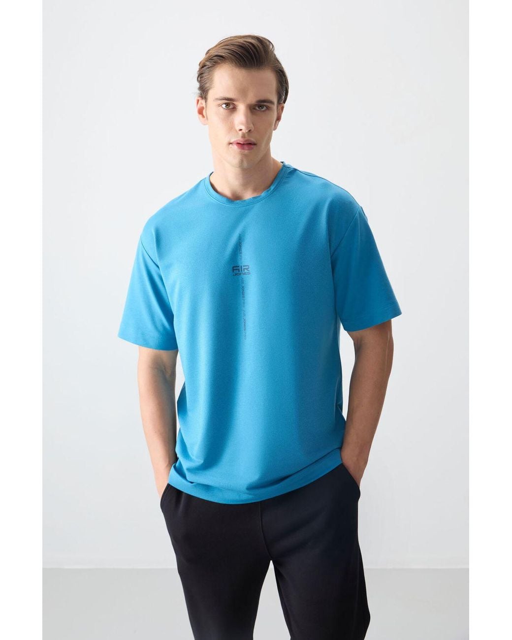 TOMMY LIFE Blue Oversized Printed Crew Neck T-Shirt for men
