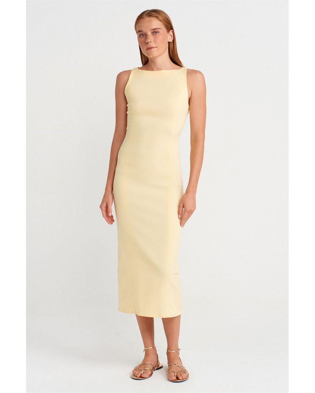 Dilvin White Sleeveless Midi Bodycon Dress With Slit