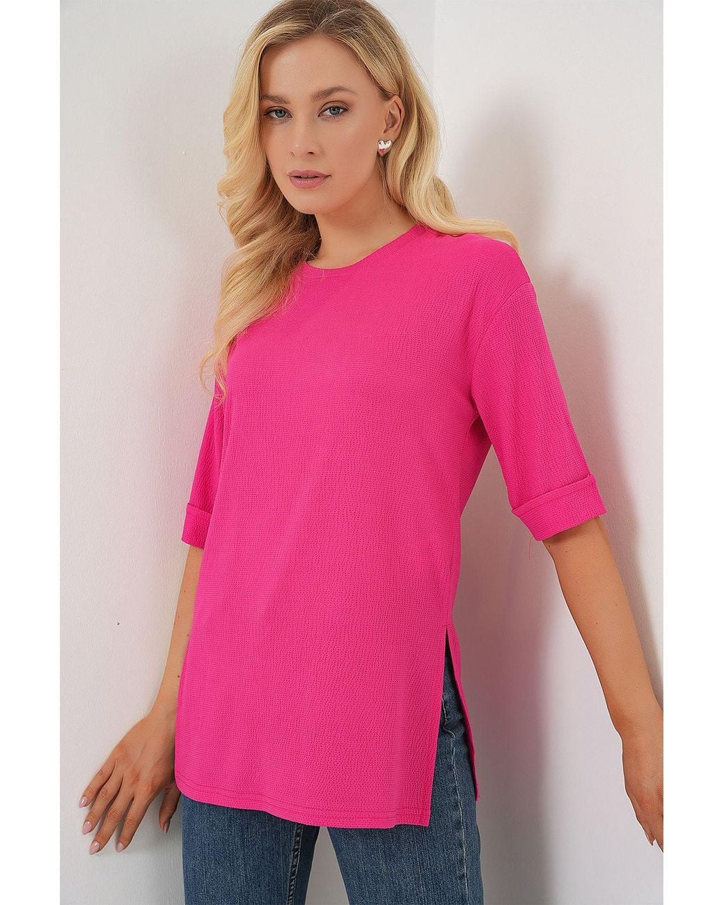 Bigdart Pink Textured Crew Neck Short Sleeve T-Shirt