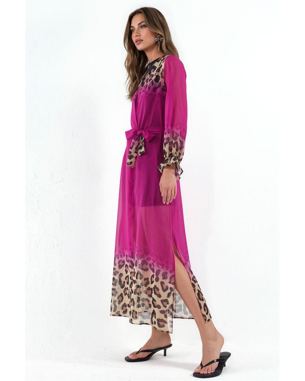 Msn-Collection Pink Printed Maxi Chiffon Belted Cover-Up