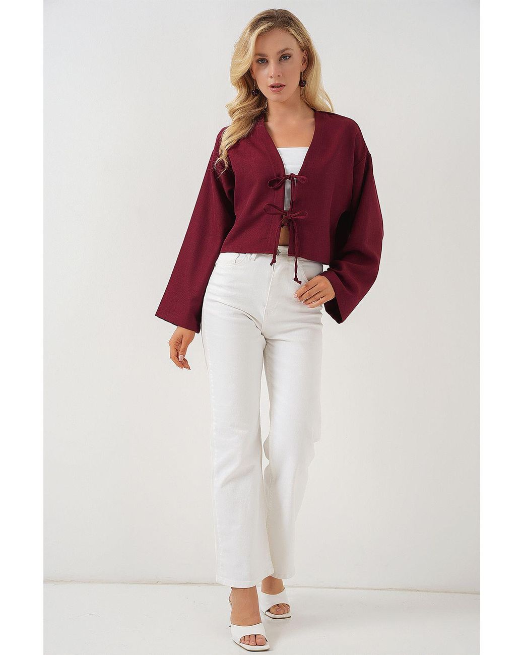 Bigdart Red Viscose Blend V-Neck Long Sleeve Kimono With Binding Detail